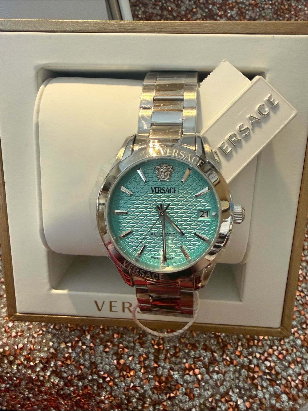 Versace Men's Silver Watch with Turquoise Dial - Picture 3 of 14
